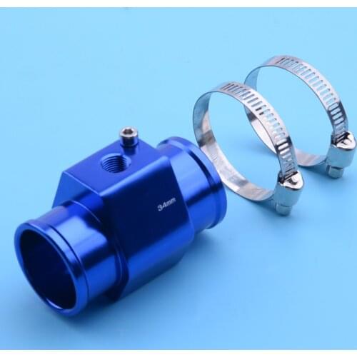 Aluminum Alloy 34mm Blue Car Water Temp Temperature Joint Pipe Sensor Gauge Radiator Hose Adapter With Clamps