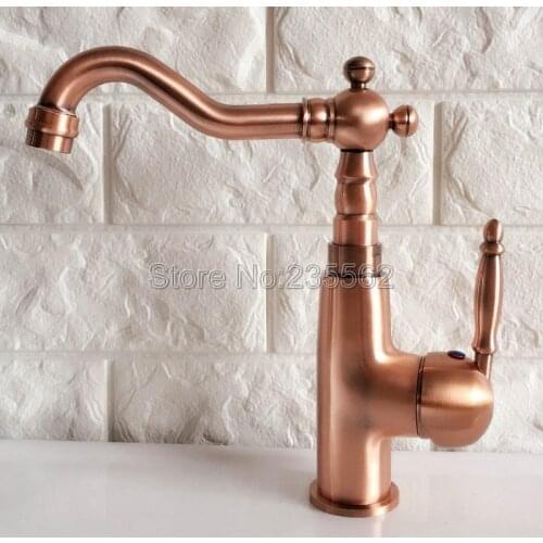 Antique Red Copper Swivel Spout Bathroom Sink Faucets Deck Mount Single Hole/Handle Wash Basin Mixer Taps Lnf410