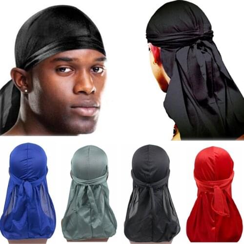 Satin Men Stretchy Cap Hip Hop Du Doo Rag Durag Wigs Turban Bandana Headwear Solid Color Long Hat Tie Down Tail Hair Accessories