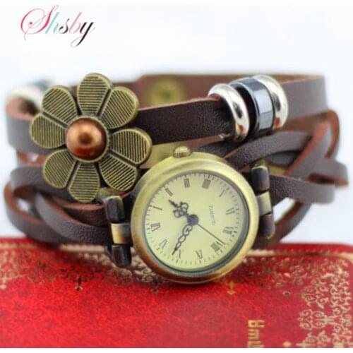 Shsby New Women Vintage Leather Strap Watches Pearl Sun Flower Bracelet Women Dress Watch Brown Women Wristwatch