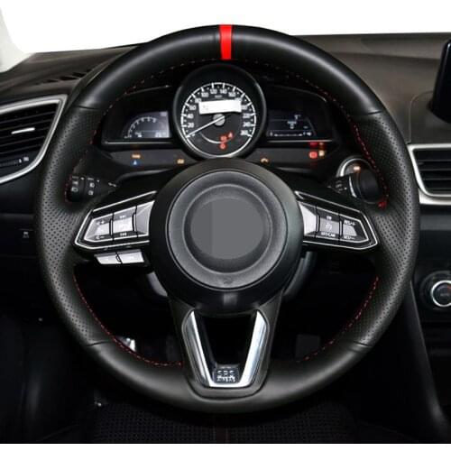 For Toyota Yaris Mazda 3 Axela Mazda 6 Atenza CX-3 CX-5 CX-9 2017-2019 Hand Sewing Black Genuine Leather Steering Wheel Cover