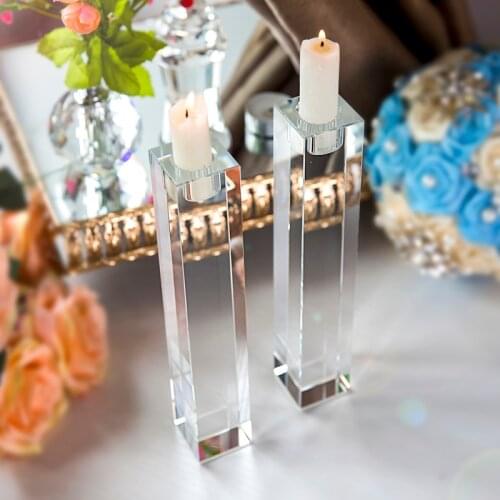 H&D Set of 2 Elegant Heavy Crystal Cuboid Tealight Candle Holders Decoration for Ceremony Wedding Centerpiece Home Decor Gift