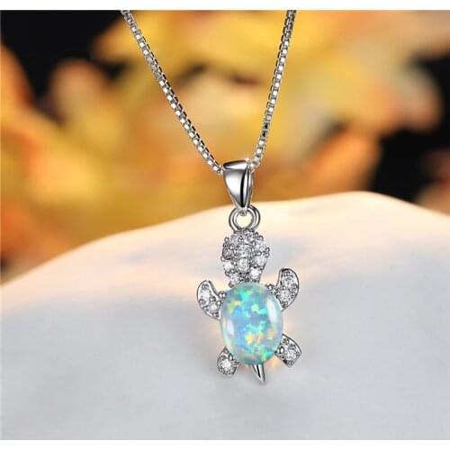 Dainty Small Turtle Pendant Necklace White Opal Oval Stone Cute Animal Necklace Vintage Silver Color Chain Necklaces For Women