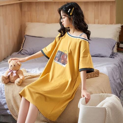 SLPBELY Women Summer Nighgrown Nightdress Cartoon Lovely Sweet Nightskirt Sleepwear Short Sleeved Cute Bear Homewear Night Dress