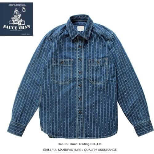 SauceZhan Chambray shirt men shirt Wabash Stripe shirt Work Shirt Selvedge Jeans Shirt Denim Vintage longsleeve shirt for men