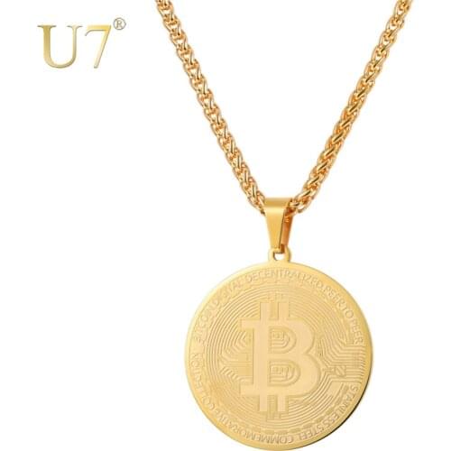 U7 Bitcoin Coin Necklace for Men Women Punk Jewelry Stainless Steel Necklaces & Pendants Fathers Day Souvenir Gifts P1174