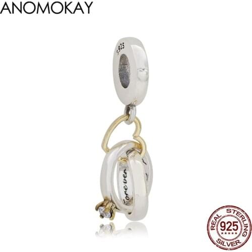 Anomokay New Heart with Ring Interlace Silver Charm Pendant Novelty 925 Silver Pendant Beads Jewelry Accessories