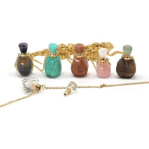 Natural Perfume Bottle Crystal Stone Pendant Necklace Amazonite Rose Quartzs Essential Oil Diffuser Charm Copper Chain Jewelry