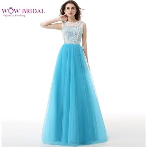 Wowbridal Girls Lovely Long Prom Dress 2021 O-Neck Sheer Lace Strapless Button Back Chiffon Ruched Ball Gown Women Formal Dress