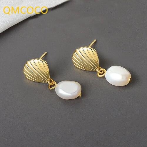 QMCOCO 925 Silver Gold Color INS Style Simple Fashion Personality Natural Shell Pearl Ear Accessories For Women