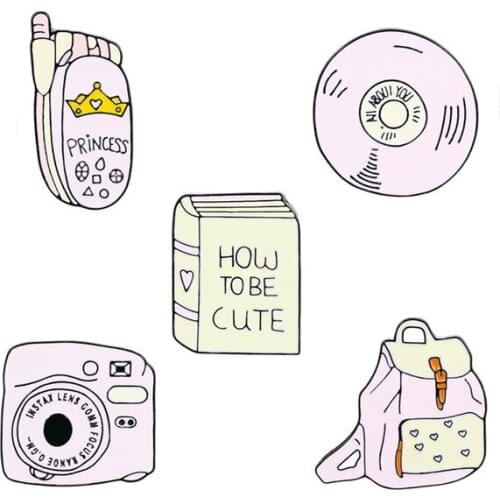 Pink Camera Metal Enamel Brooch Sweet Cute Princess Flip Phone CD Backpack Badge Pin Kawaii Trendy Jewelry Accessories Gift