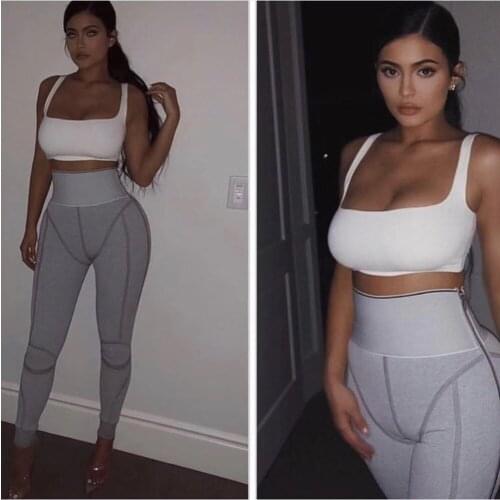 Sexy Long Two Piece Set Crop Tops White and Grey Pants Bodycon Matching Sets Summer Bandage Pants Set Clothes for Women