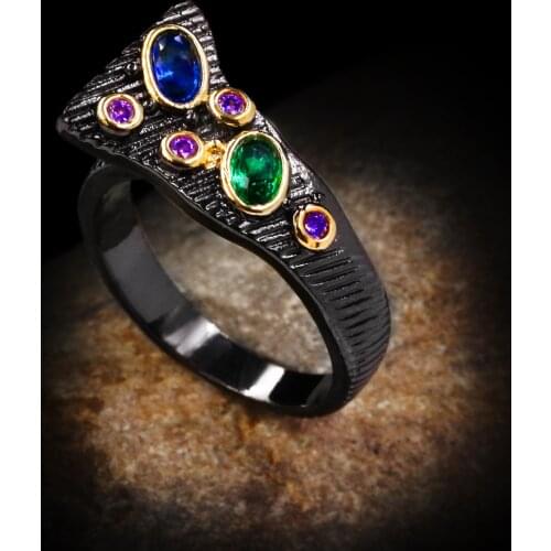 Unique Colorful Zircon Geometric Irregular Shape Black Gold Ring 925 Silver Ladies Ring Engagement Jewelry