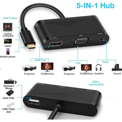 USB-C Charging Hub 3.0 5 in 1 Type-C to HDMI-compatible VGA with 3.5 Audio Adapterfor MacBook Xiaomi 9 Samsung S9 Huawei P30