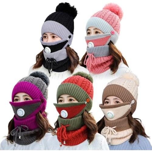 Female Knitted Winter Hat Warm Handmade Knitted Coarse Lines Hat Crochet Women Lovely Caps With Knitted Hat Scarf Face Protector