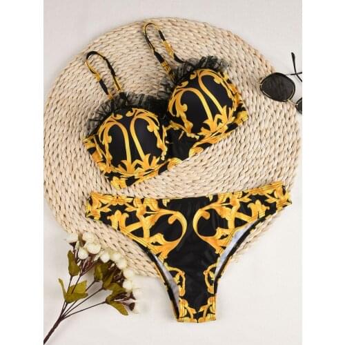 Women Two-pieces Bikini set Female Golden Floral Print Swimwear Brazilian Bather Bathing Suit Monokini Beachwear 2021 New Kit