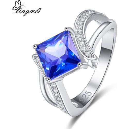 Lingmei New Arrival Square Multi & Blue White Cubic Zirconia Silver ColorRing Size 6-9 Luxury Elegant Women Jewelry