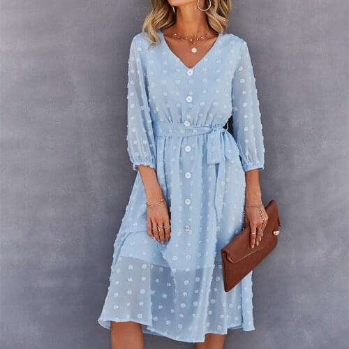 2021 New Summer Elegant Long Sleeve Button Dress Women Casual V-neck Sashes Midi Dress Ladies Spring Holiday Party Dresses