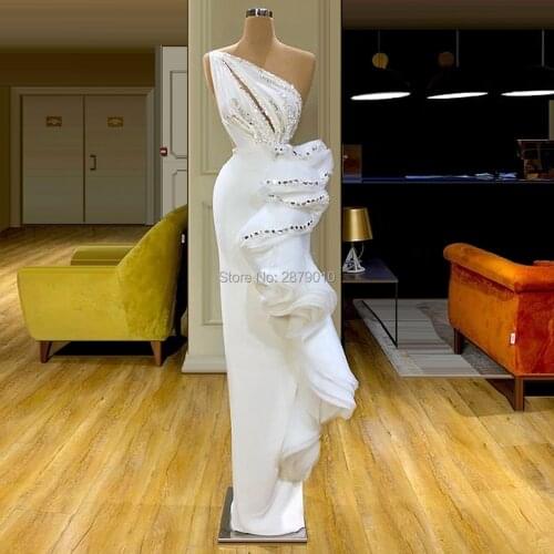 2020 New Arrival White Mermaid Evening Dress Satin Full Sleeves Flower Slit Floor-Length Formal Prom Dress Women Dress Dubai