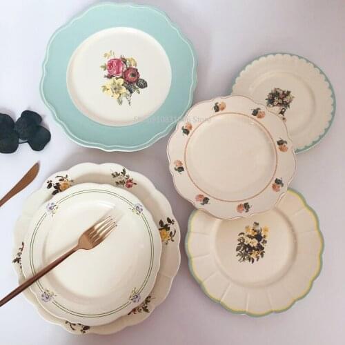 1PCS ceramic plate Vintage flower pattern Lace design European Simple Household Small Steak dessert kitchen accessories