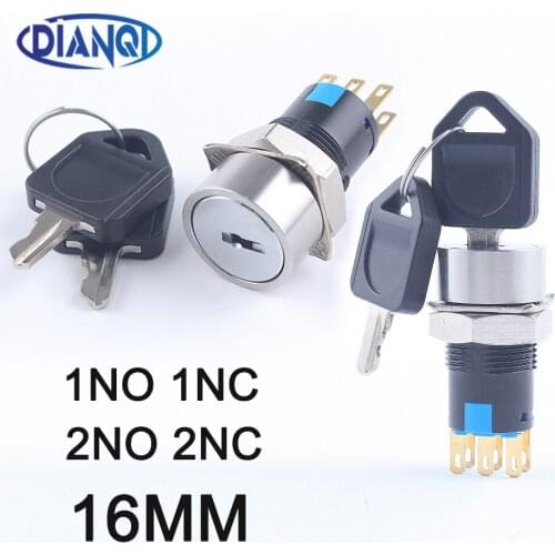 16mm Brass chrome Key Meta Brass Waterproof 2 3 Position Push Button Switch 1NO1NC/2NO2NC Press Button With Two Keys