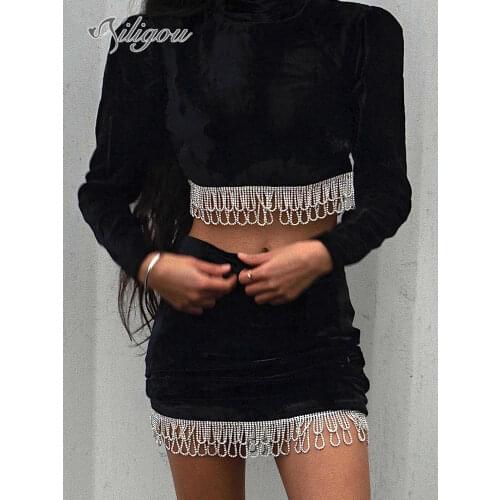 Ailigou 2021 New Autumn WomenS High-Quality Top Beaded Fringed Skirt Sexy Backless Casual Chic Slim Velvet Celebrity Party Suit