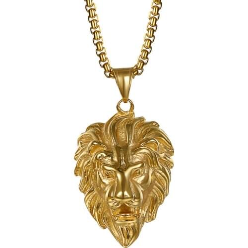 Boniskiss Accessories Fashion Men Statement Necklace Punk Style Gold Color Lion Head Pendant Stainless Steel Necklace