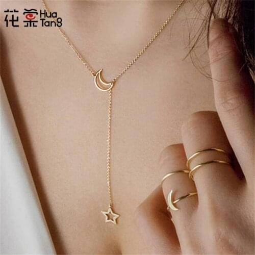 HuaTang Boho Gold Silver Color Chain Star Moon Pendant Necklace Charms Long Necklace Womens Fashion Jewelry Statement 5635