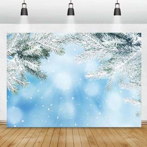 Photo Backdrop Winter Pine Tree Branches Blue Light Bokeh Snowflake Snowscape Pets Child Family Photography Background Photocall
