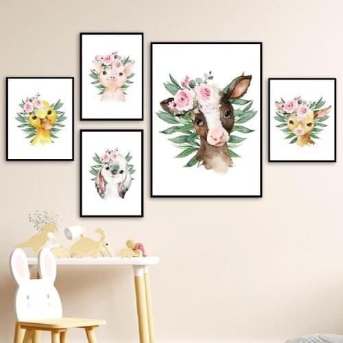 Duck Sheep Bunny Deer Pig Wall Art Canvas Painting Nordic Posters And Prints Watercolor Animal Wall Pictures For Kids Room Decor