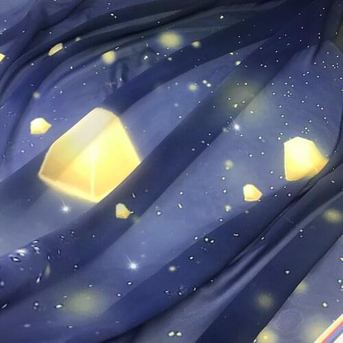 Chinese stlye landscape painting dark blue Kongming latern Chiffon hanfu fabric for DIY dress 1order=1pc(size:100x150cm)