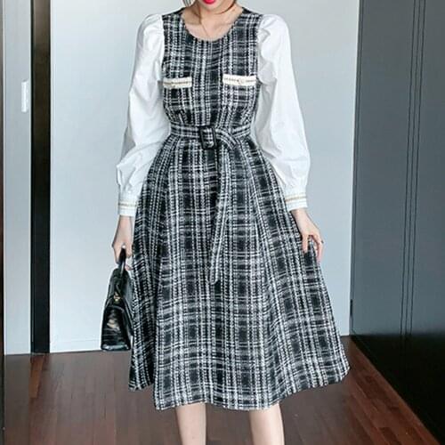 Korean Version Japanese Winter Autumn Dress Thin Trendy Simple Best Sellers Dress Elegant Splicing Round Neck Long Sleeve