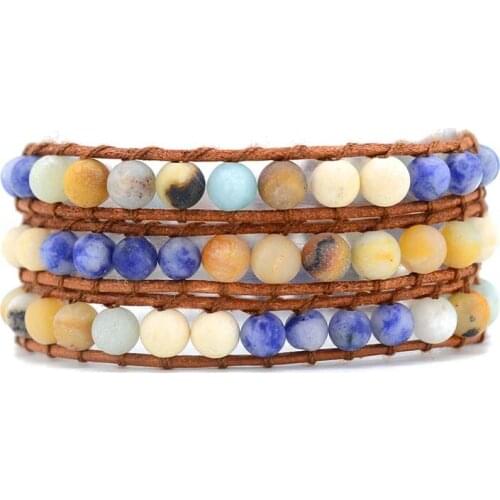 3 Strands Natural Stone Leather Bracelet 6MM Boho Vintage Bracelet For Women & Men