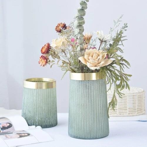 Creative Matte Old Glass Bottle Flower Vase Ornament Copper Ring Nordic Glass Vase Crafts Living Room Table Vases Soft Art Decor