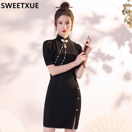 SWEETXUE 2021 New Young Retro Temperament Girl Summer Dress Black Beaded Cutout Party Dress Elegant Fashion Chic Vestidos