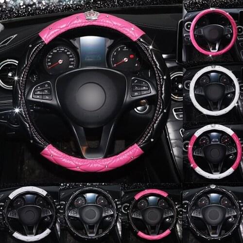 Luxury Diamond Crown Leather Car Steering Wheel Covers Bling Crystal Auto Handle Cover Interior Car Accessories for Girls