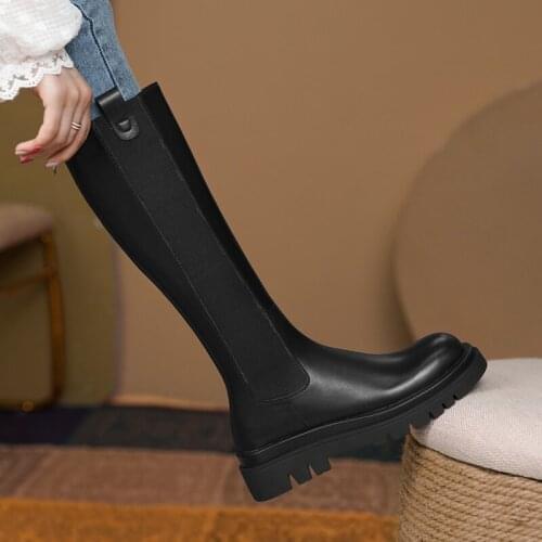 Black thick-soled boots womens thin high boots flat-bottomed British style straight boots