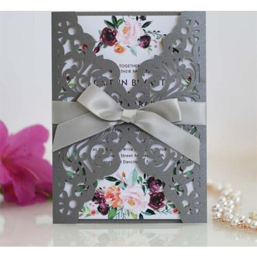 Grey invitation card floral laser cutting with lace ribbon personalized insert card design