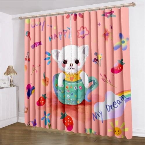 Teacup Cat Curtains Teacup Dog Window Curtain 3D Print Colorful Cartoon Lovely Window Drapes For Bedroom Window Treatments