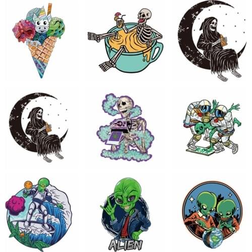 Thermal Transfers Stickers On Clothes DIY Washable Patches For Clothing Cool Skull Alien Printing T-shirt Dresses Stickers Badge
