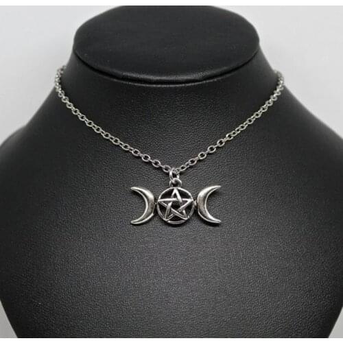 Triple Moon Pentacle Pendant Necklace Goddess Pagan Witch Jewelry