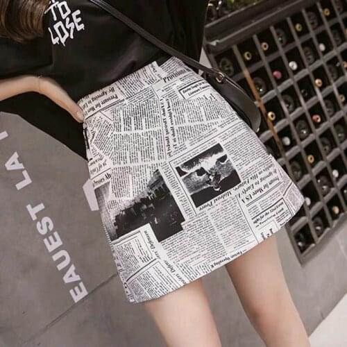 2021 Summer New Fashion Newspaper Printed A-Line Zipper High-Waist Skirt Casual Korean Style Plus Size Mini Woman Skirts