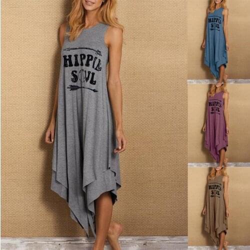 Women Fashion Letter Printed Dress Summer Casual Loose O-Neck Sleeveless Vest Dress Ladies Plus Size Irregular Hem Long Dress