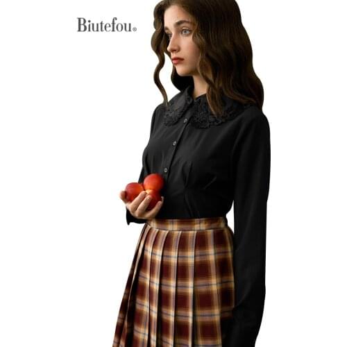 [Biutefou] Original Design 2021 Autumn Women Vintage Collar Embroidery Solid Color Long Sleeve Shirt