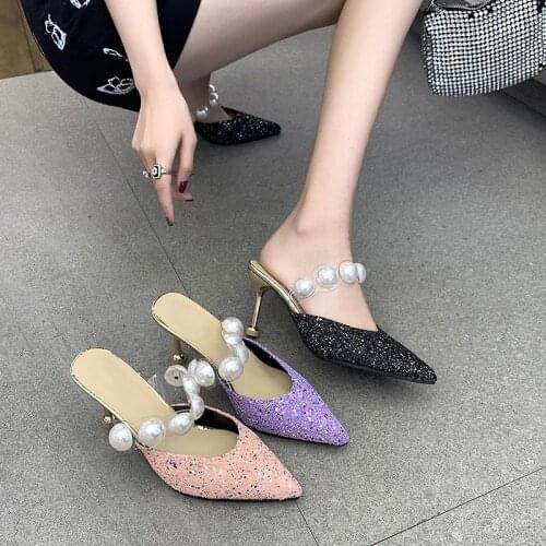 Women Slippers Pointed Toe Pearls High Heels Party PU Sandals Summer Shoes Ladies Pumps Fashion Sequins PU Woman Footwear 2021