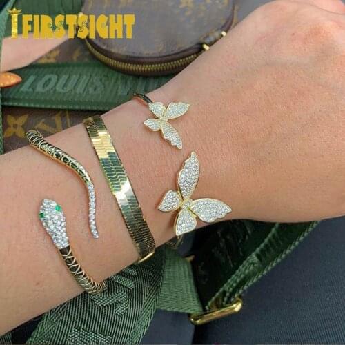 New Iced Out CZ Butterfly Bangle Open Adjust Size Animal Charm Gold Silver Color Bracelet Women Hiphop Bling Fashion Jewelry