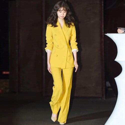 Women Fashion Yellow Blazer Career Suit Jacket & Long Temperament Casual Two-piece Wide Leg Pants Women Straight Trousers Set