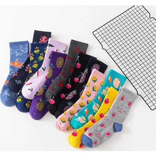 2020 Cotton 1 Pair Mid Tube Socks Women Men Long Socks Cute Breathable Fruit Cartoon Pattern Korean Style Unisex Sock