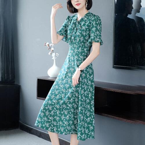 2021 Summer 2 Colors Stand Collar Tea-length A-line Chiffon Floral Print Ruffle With Belt Plus Size Robes De Cocktail 9340