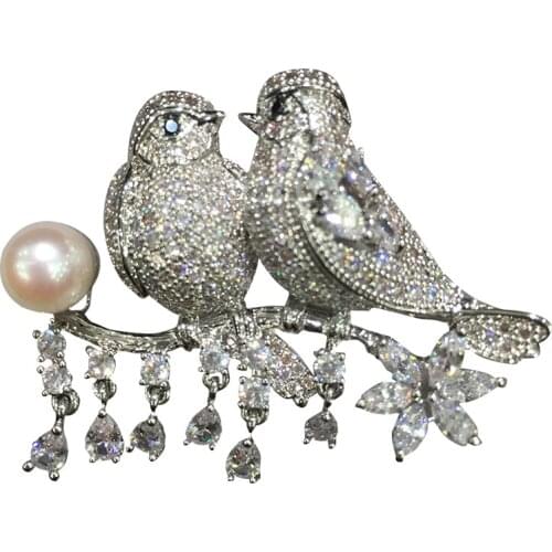 7-8MM natural sea water pearl brooch pins japan akoya pearl perfect round love bird brooch double birds fashion women jewelry